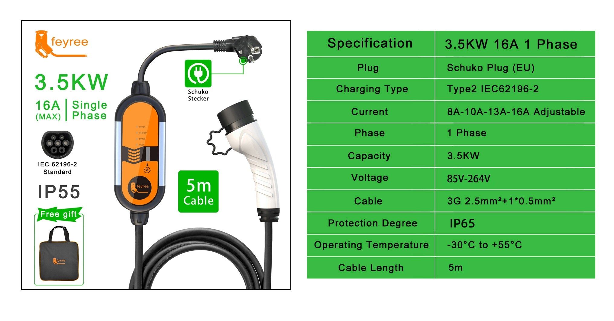 Feyree Type2 EV Portable Charger 16A 3.5KW Type1 J1772 Adapter Charging ...