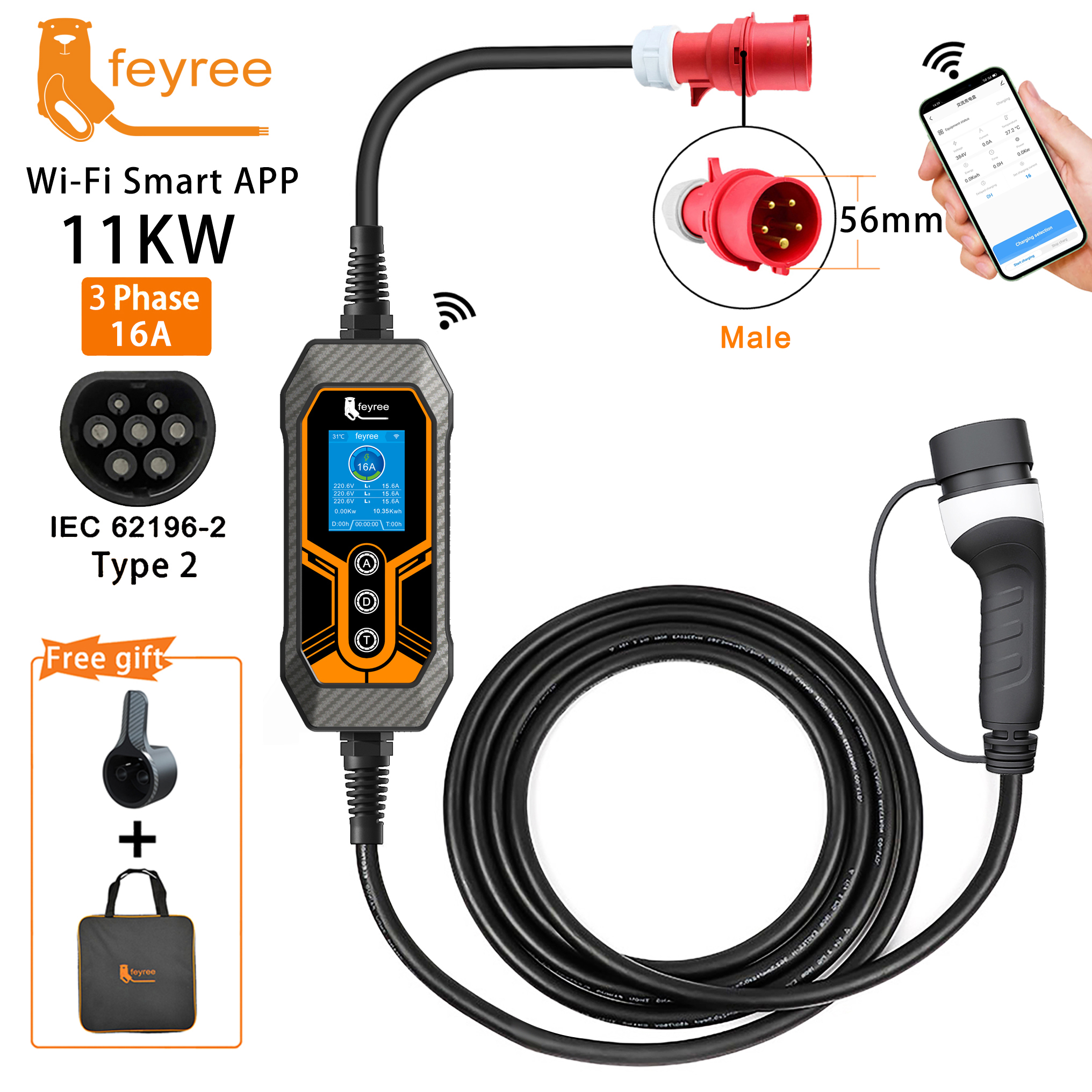 feyree Type 2 Portable EV Charger 11KW 16A 3 Phase Wi-Fi APP Bluetooth  Version EVSE Charging Cable 5m CEE Plug for Electric Car